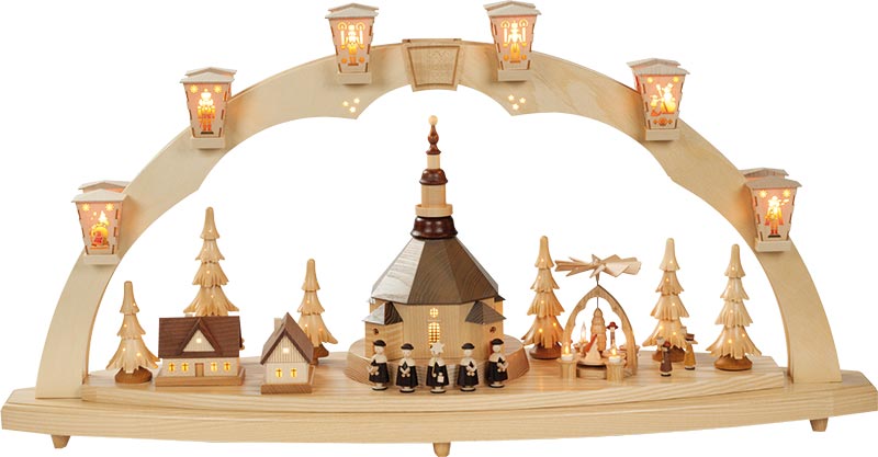 Richard Glaesser Schwibbogen Seiffener Kirche mit Pyramide, elektrisch beleuchtet und betrieben, aus Seiffen im Erzgebirge