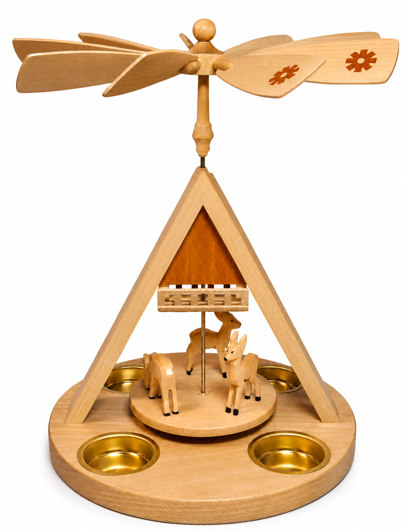Richard Glaesser Pyramide Rehe mit Futterraufe für Teelicht aus Seiffen im Erzgebirge