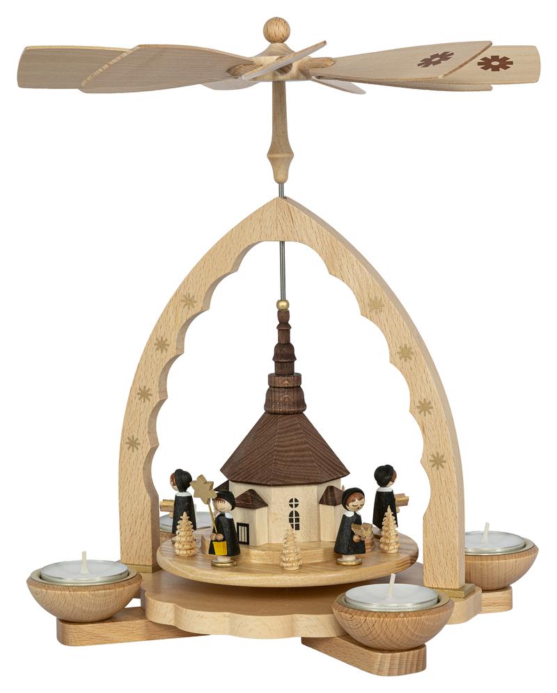 Richard Glaesser Pyramide Seiffener Kirche mit Kurrende für Teelicht und Kerzen aus Seiffen im Erzgebirge