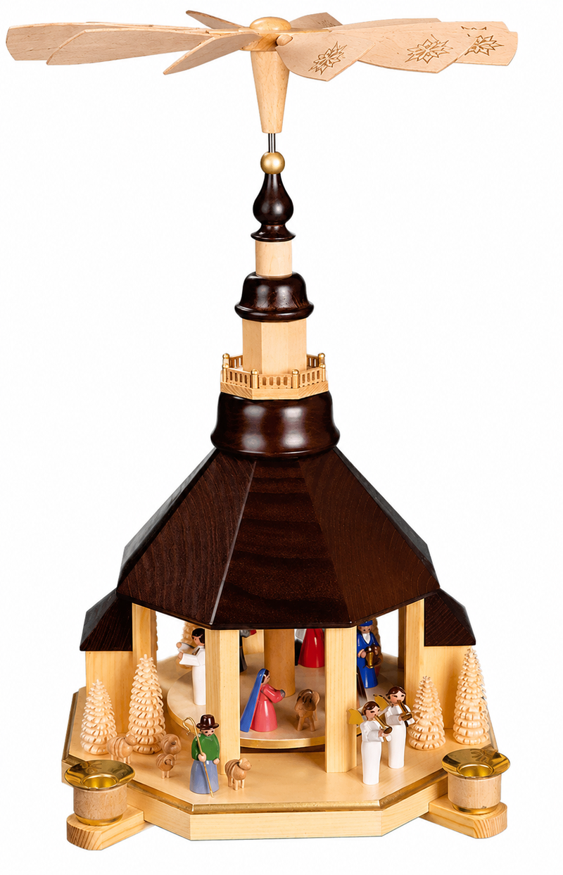 Richard Glaesser Pyramide Seiffener Kirche mit Christi Geburt bunt, aus Seiffen im Erzgebirge